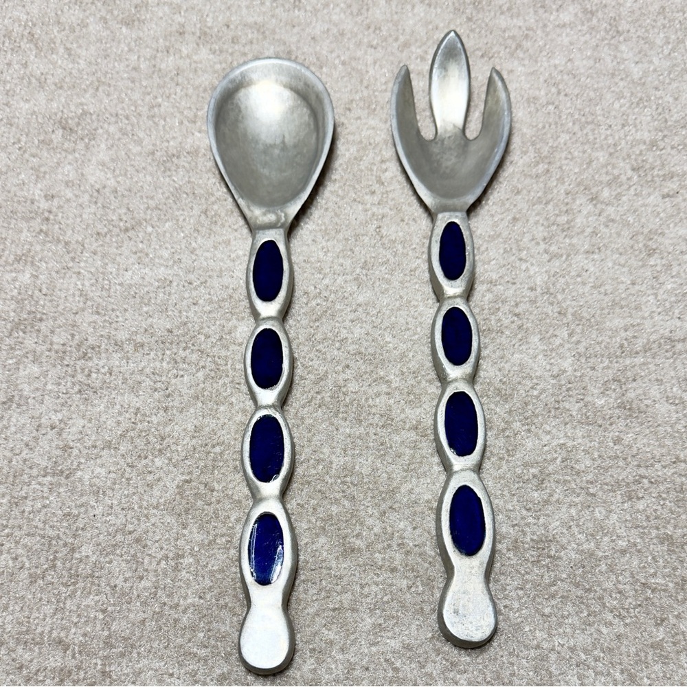 Serving Primitive Spoon Fork Salad Metal Cobalt Blue Glass Inlay VTG Renaissance